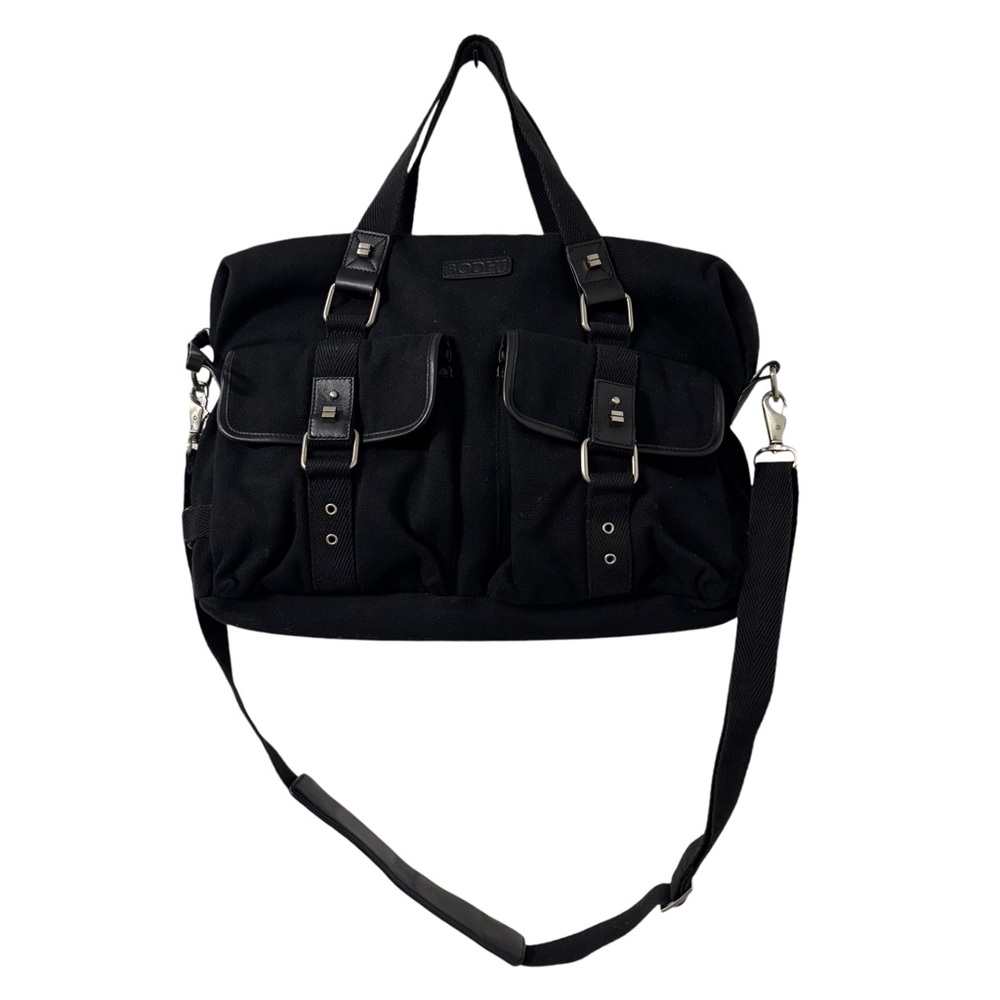 Bodhi‎ Black Canvas Travel Messenger Laptop Bag Leather Trim Shoulder Strap